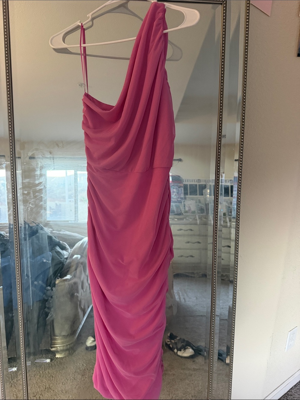 Pink One-Shoulder Drape Evening Dress